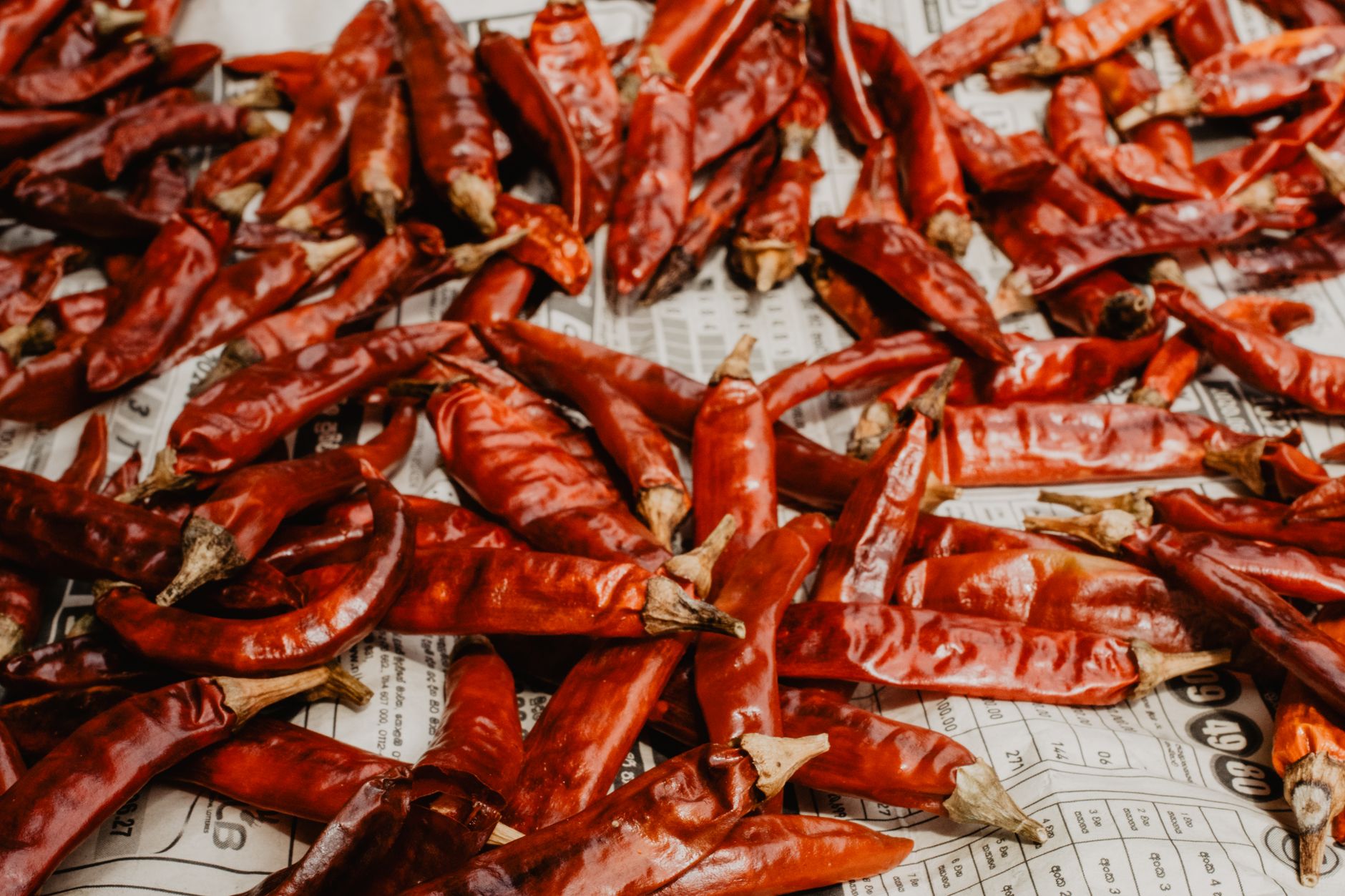 Dried red chili peppers spread out, key to Sichuan and Hunan cooking