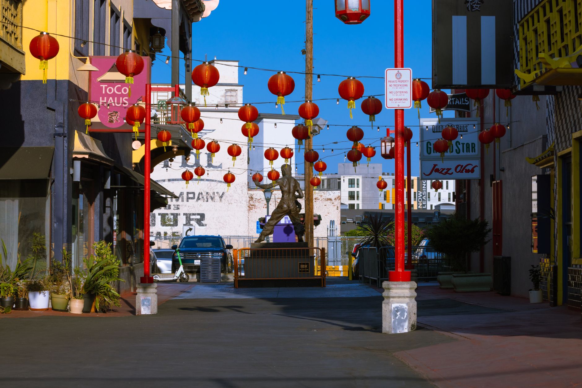 Street in Los Angeles Chinatown lined with red lanterns