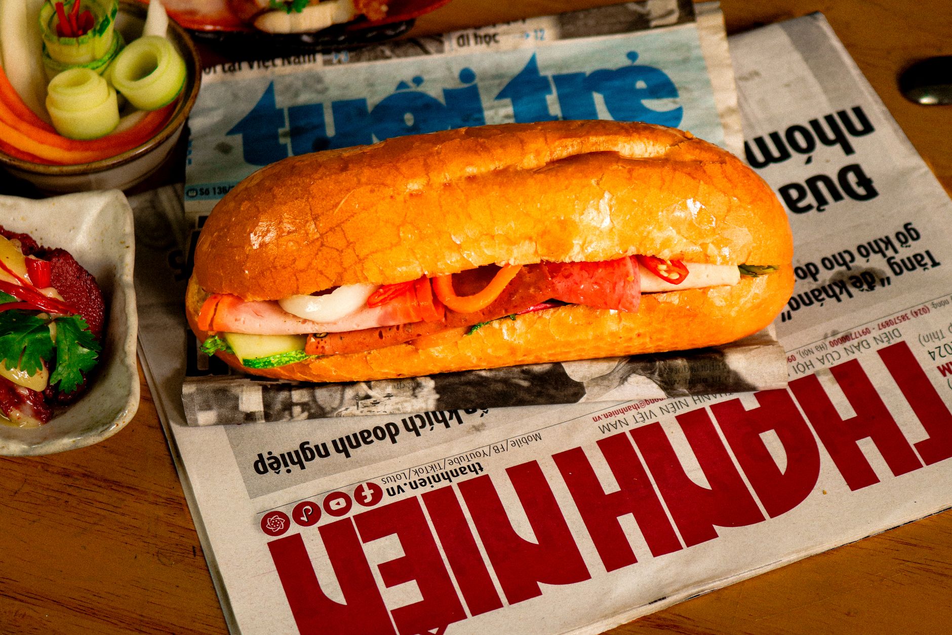 Traditional Vietnamese banh mi sandwich with fresh vegetables